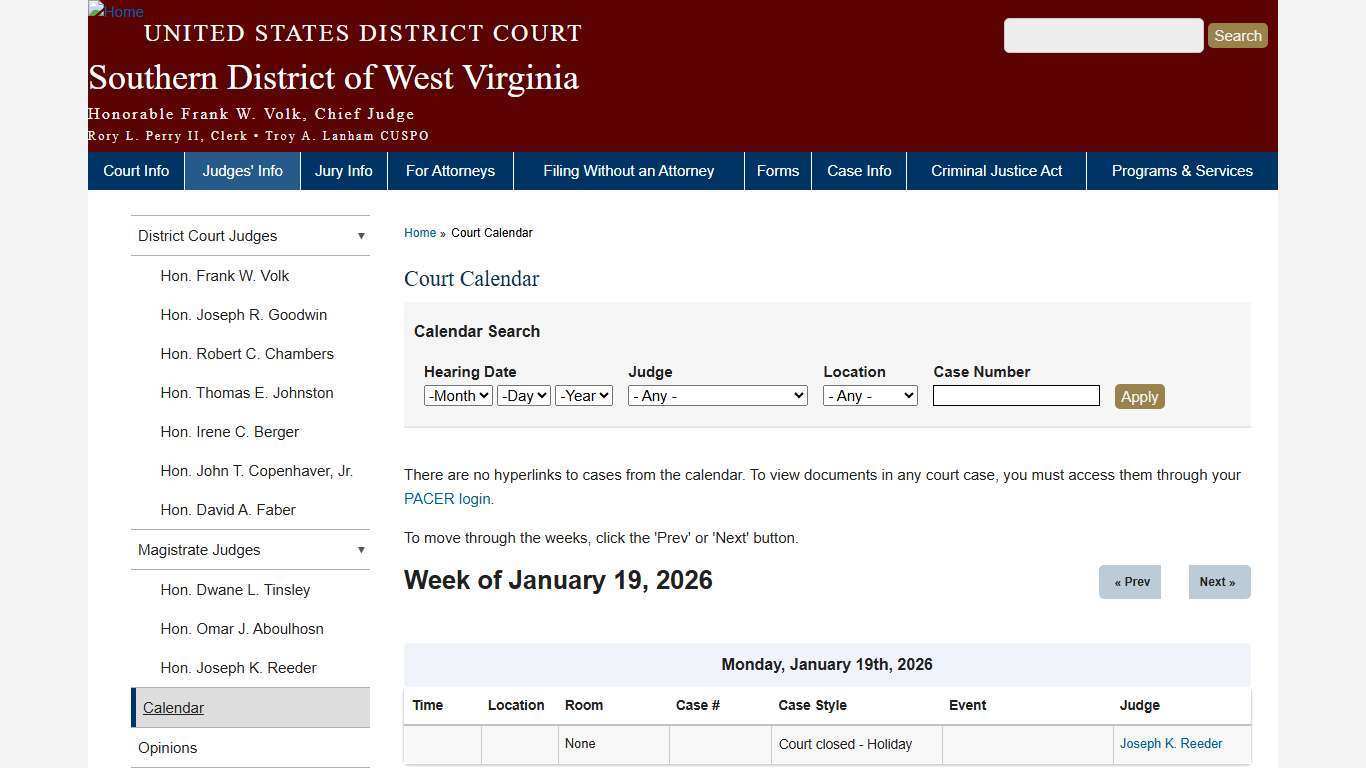 Court Calendar | Southern District of West Virginia | United States District Court